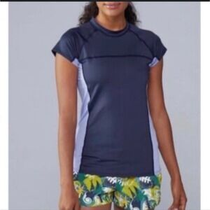 Patagonia Micro Swell Rashguard Short Sleeve Navy Lilac UPF‎ Sun Protection Lg